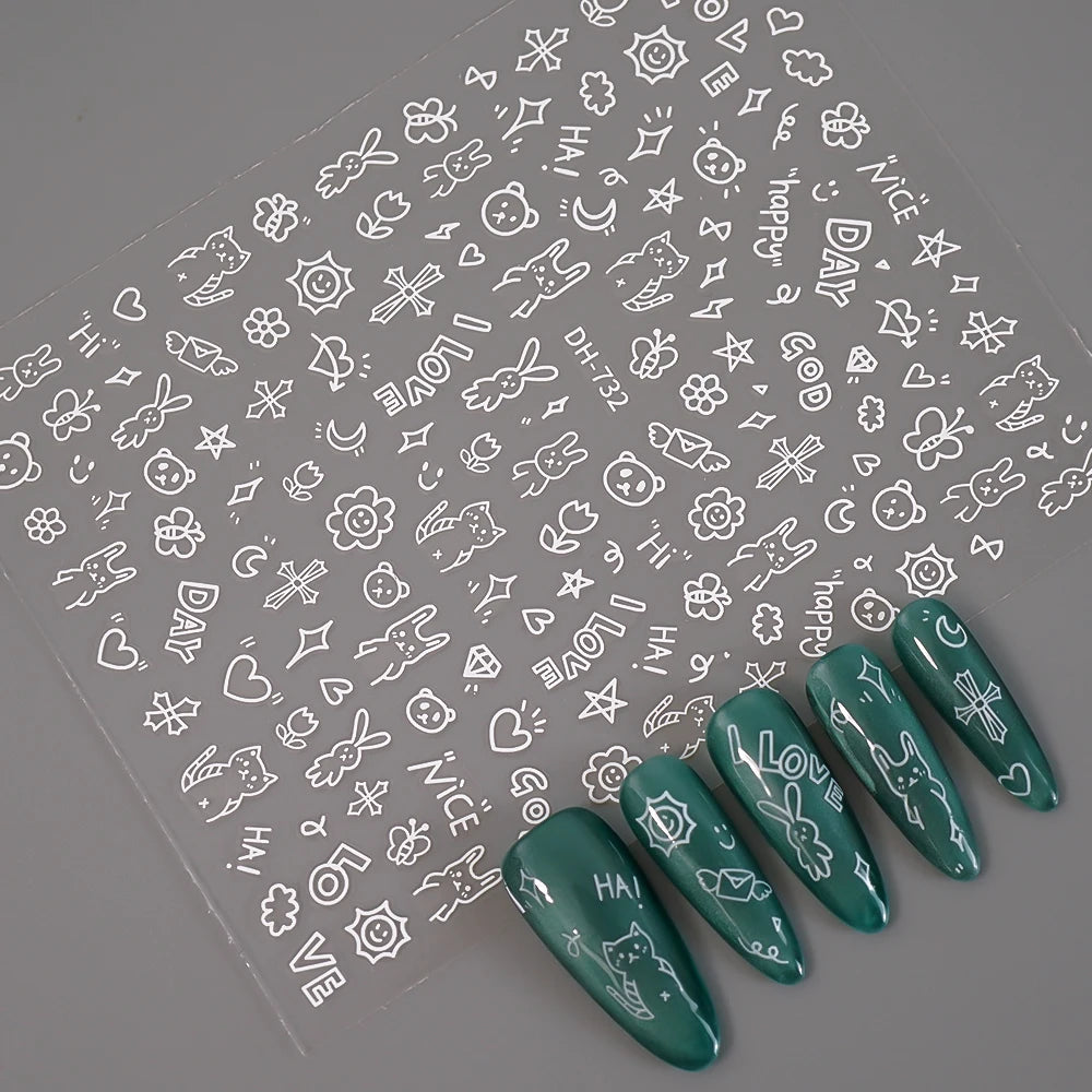 3D Flat Cute Cartoon Nail Stickers Doodle Cat Dog Heart Star Flower Nail Art Stickers Women DIY Manicure Decoration Decals