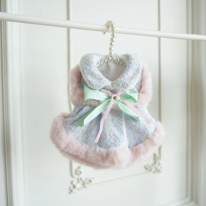 Pet Colorful Bow Set Skirt Autumn/Winter Bow Plush Coat Dress Warm Clothes Teddy Clothes Puppy Clothes for Small Dogs