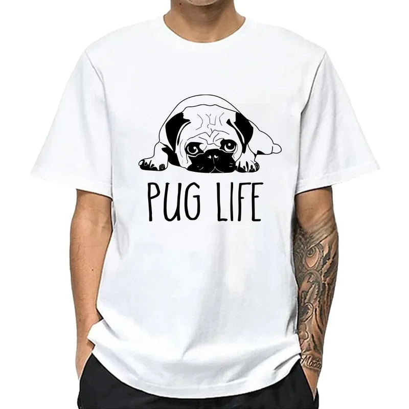 the LIFE OF PUGS - Men's High-Quality T-Shirt, 100% Cotton Funny Pug Printed Loose Male Crewneck T-Shirt, Short Sleeve O-Neck Men T-Shirt/Tops/Tees