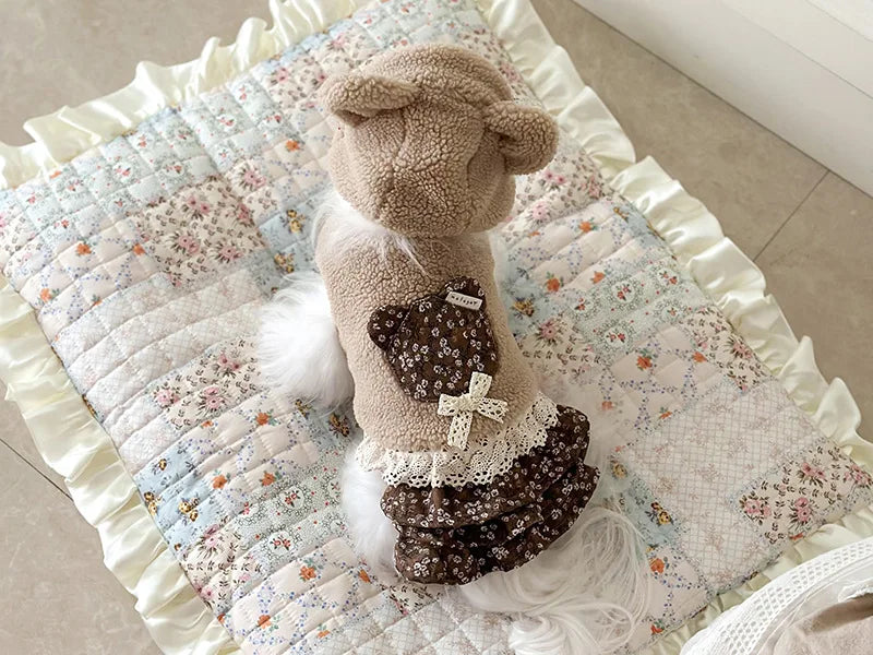 Pet Flower Plush Coat Dog Flower Cake Skirt Cute Dog Plush Hat Dog Clothes Winter Bear Flower Plush Thick Vest Coat Bottom Skirt