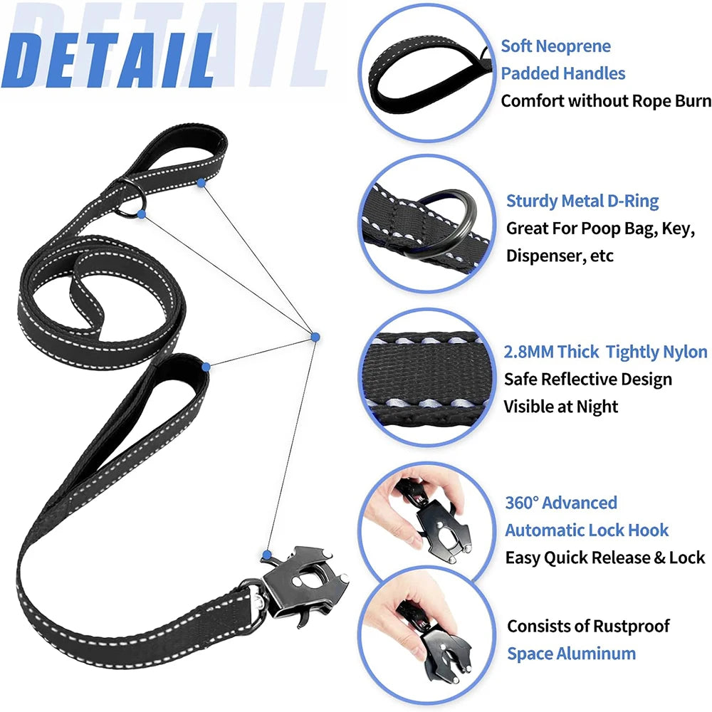 the COMMANDPRO REFLECTIVE LEASH - Heavy Duty Dog Leash - Nylon Reflective with Soft Padded 2 Handle & Auto Lock, Frog Clip, Outdoor Dog Leash with a Dog Poop Bag