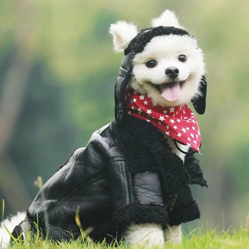 Pet Accessories Thickened Dog Leather Jacket Coat Warm Windproof Dog Motorcycle Jacket Velvet Winter Pet Clothes Photograph