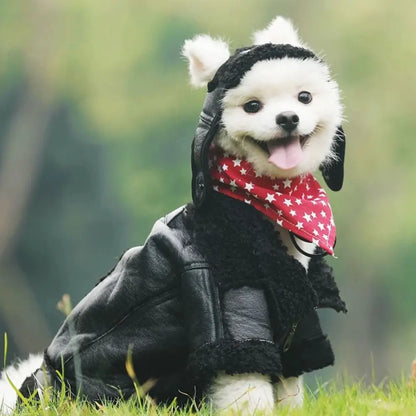 Pet Accessories Thickened Dog Leather Jacket Coat Warm Windproof Dog Motorcycle Jacket Velvet Winter Pet Clothes Photograph