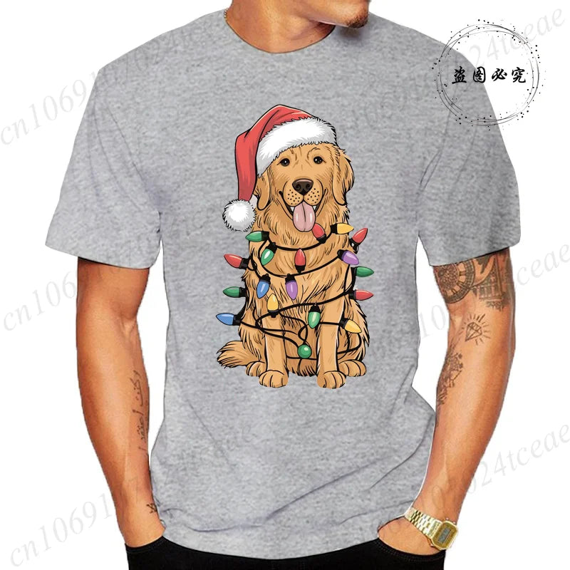 the GOLDEN CHRISTMAS - New Men's T-Shirts Christmas Golden Retriever Print T-Shirts, Round Neck Short Sleeve Casual T-Shirt, Happy New Year Dog Shirts