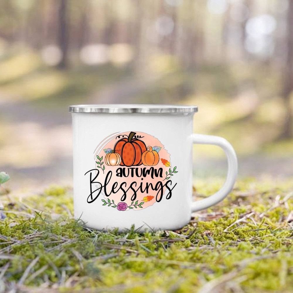 Pumpkin Leaves Dog Cat Printed Enamel Mugs Coffee Cups Fall Thanksgiving Party Wine Juice Mug Handle Cup Autumn Holiday Gifts