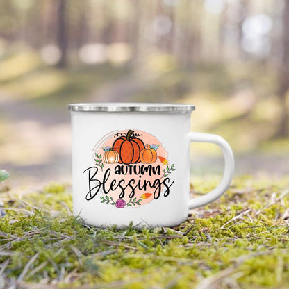 Pumpkin Leaves Dog Cat Printed Enamel Mugs Coffee Cups Fall Thanksgiving Party Wine Juice Mug Handle Cup Autumn Holiday Gifts