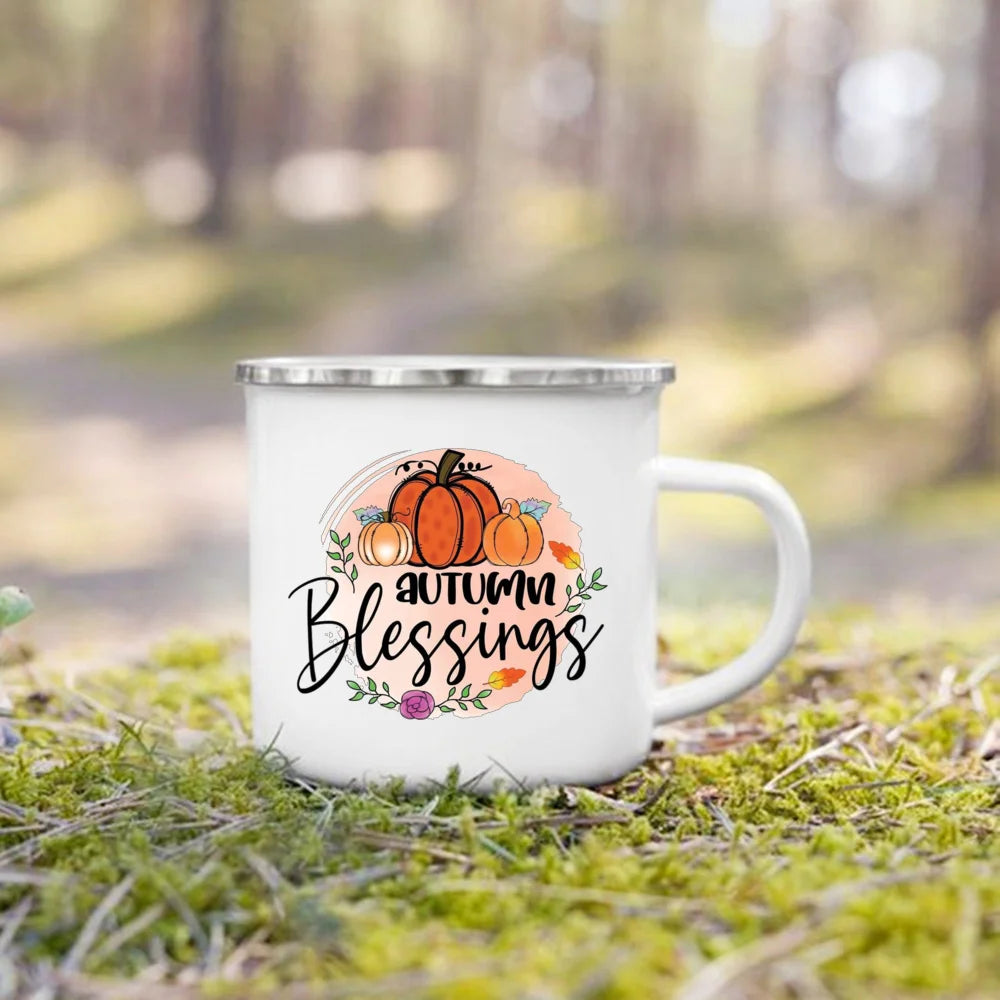 Pumpkin Leaves Dog Cat Printed Enamel Mugs Coffee Cups Fall Thanksgiving Party Wine Juice Mug Handle Cup Autumn Holiday Gifts