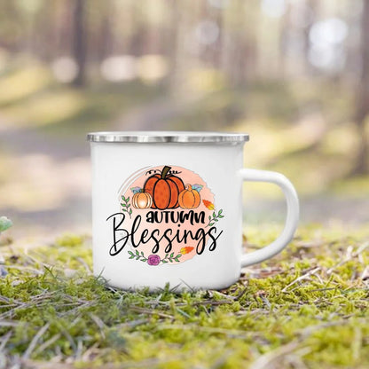 Pumpkin Leaves Dog Cat Printed Enamel Mugs Coffee Cups Fall Thanksgiving Party Wine Juice Mug Handle Cup Autumn Holiday Gifts