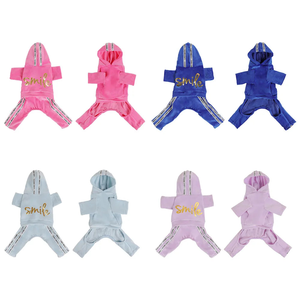Soft Velvet Dog Jumpsuit Puppy Pajamas Onesie with Hoodie Pet Apparel Spring Autumn Cozy Dog Clothes for Small Medium Dogs