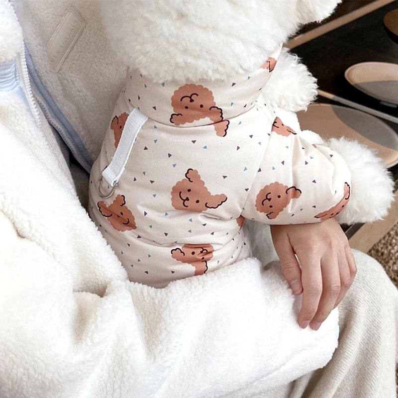 the SNUGGLEBEAR OUTDOOR COAT - Waterproof Cotton Jacket with Bear Print, Warm Winter Coat, Four-Legged Dog Clothes, Chihuahua, Poodle, Bichon Puppy Accessories