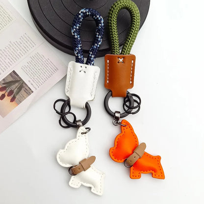 Handmade leather lanyard keychain creative method fighting dog puppies custom text logo bag pendant high-end car keyring gift