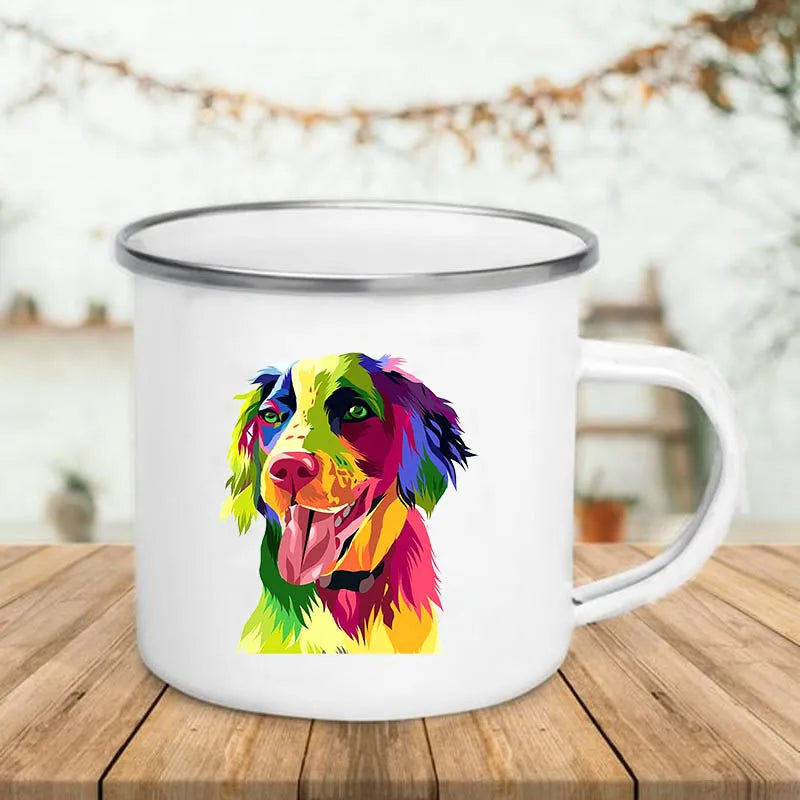 Watercolor Dog Printed Creative Coffee Cup Drinks Wine Beer Juice Milk Cups Camping Mug Handle Enamel Mugs Gifts for Lover Dogs