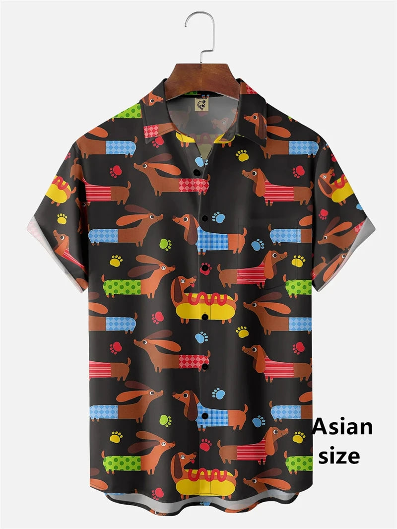 the HOT DOG DACHSHUND - Funny Cartoon Hot Dog Dachshund Graphic Shirts, Men/Women 3D Printed Casual Vacation Hawaiian Short Sleeve Shirts, Button Blouse
