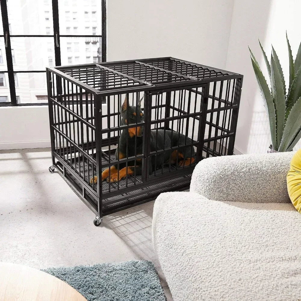 the IRON MAIDEN DOG CRATE - 48/38 Inch Heavy Duty Dog Crate, Cage Kennel with Wheels, High Anxiety Indestructible, Sturdy Locks Design, Door and Removable