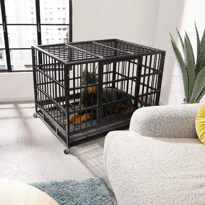 the IRON MAIDEN DOG CRATE - 48/38 Inch Heavy Duty Dog Crate, Cage Kennel with Wheels, High Anxiety Indestructible, Sturdy Locks Design, Door and Removable