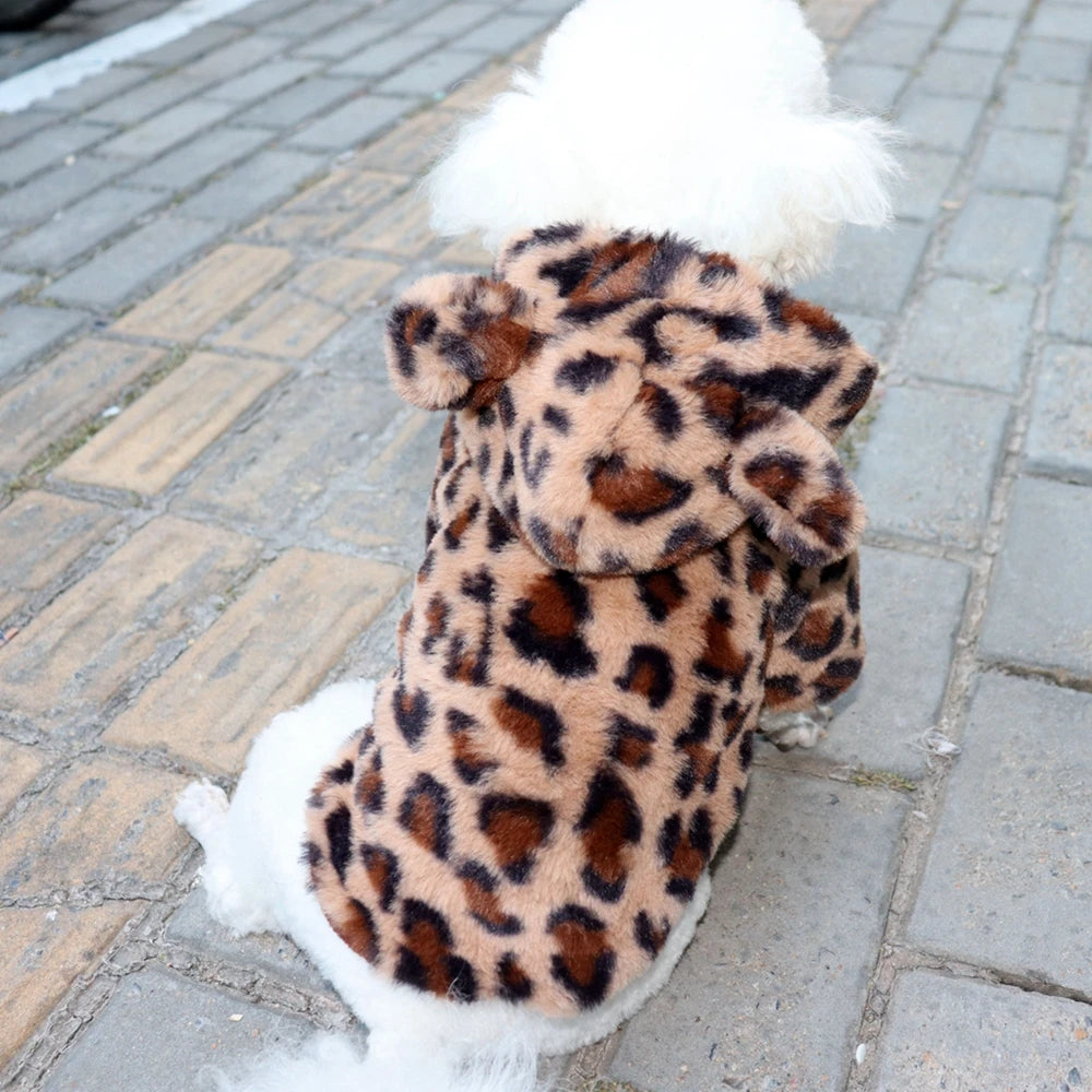 Pet Sweater Winter Leopard Print French Bulldog Soft Coat Small Dog Clothes Fur Hoodies Cute Dog Clothes