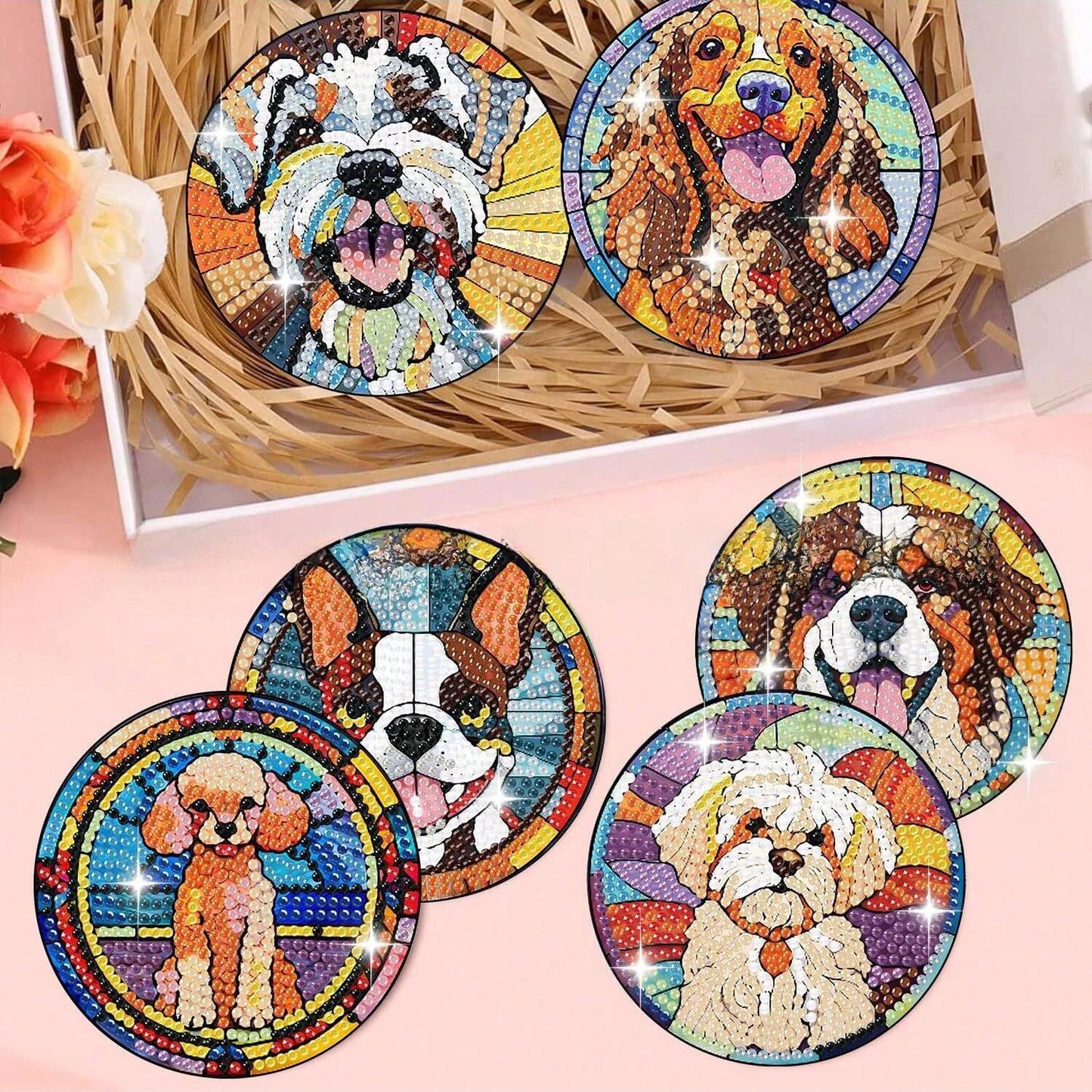 8pcs Dog Themed Diamond Painting Coaster Kits, DIY Craft Stained Glass Style Round Diamond Art Coasters