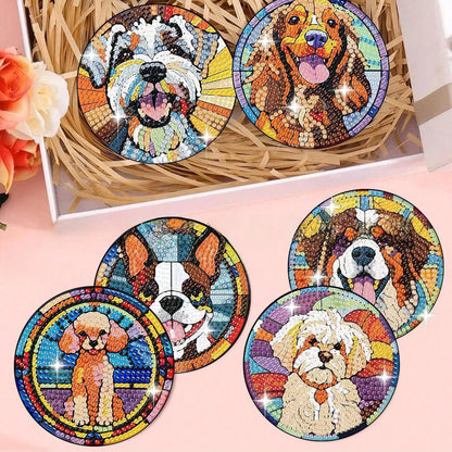 8pcs Dog Themed Diamond Painting Coaster Kits, DIY Craft Stained Glass Style Round Diamond Art Coasters