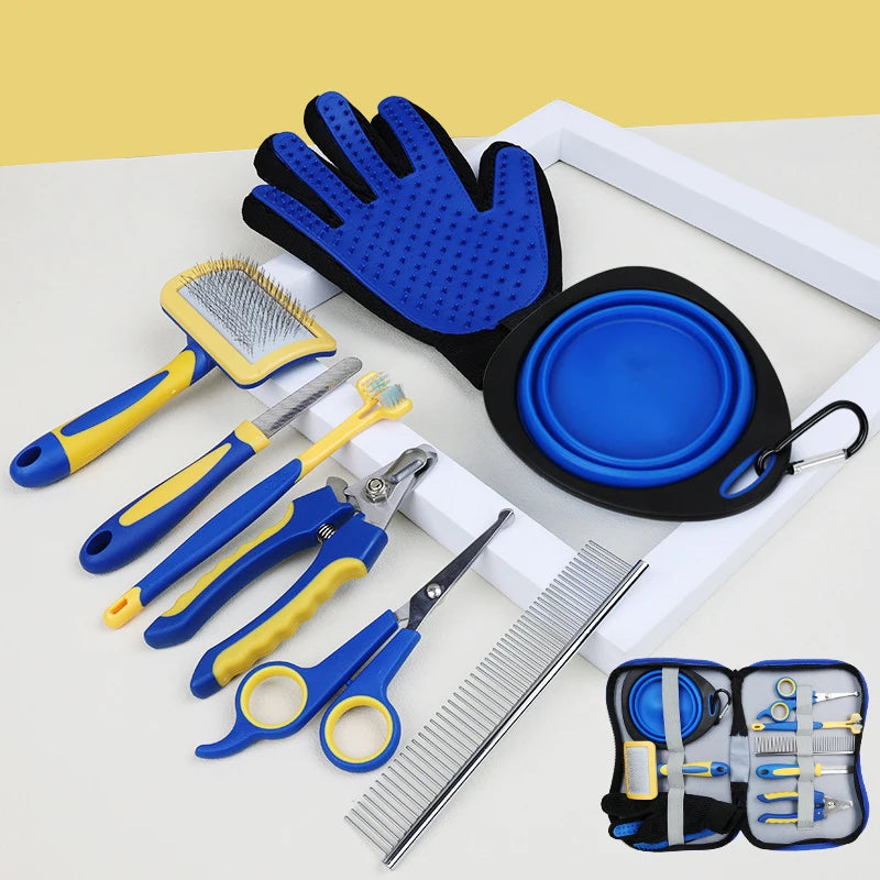 the GROOMING & BEAUTY KIT - 8PCS Complete Grooming Pet Brush Beauty Kit, Cleaning Brush Storage Bag, Dogs Nail Clipper - Flea Comb Cat Hair Removal Brush Kits