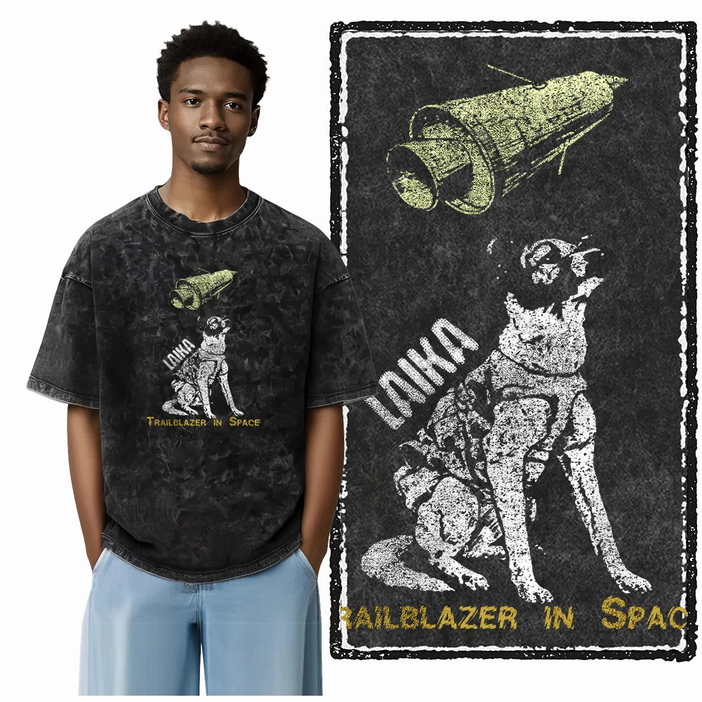 the SPACE TRAILBLAZER - DCA Laika Dog Printed Acid Washed Cotton Streetwear Exclusive Graphic Unisex T-Shirt, Cool Vintage Men T-Shirts