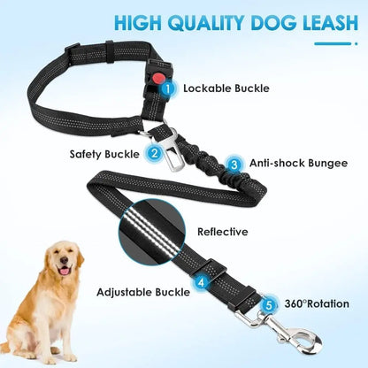 the DOGGY SEAT BELT - Dog Seat Belt Harness for Car, Restraint Adjustable with Elastic Bungee Buffer Headrest for Vehicle, 360° Swivel Carabiner Nylon
