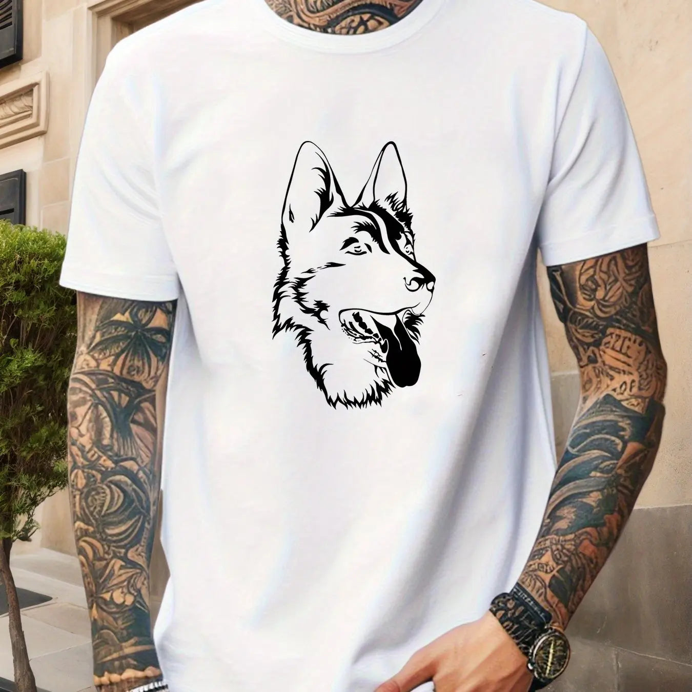 the SHEPHERD SILHOUETTE - Men German Shepherd Graphic Cotton T-Shirt - Casual Crew Neck Short Sleeve Summer Tee with Dog Print, Men Clothing