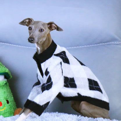 Long Sleeves Cardigan Sweater Jacket for Mid Dogs Warm Black White Plaid Coat for Little Greyhound Whippet in Winter Pet Clothes