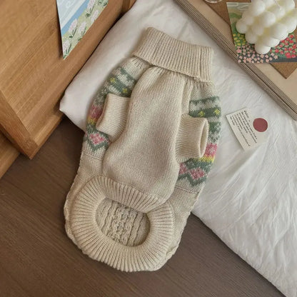 Christmas Dog Sweater Winter Wear, Beige Green Stripe Knitted Pet Clothes, Warm Cozy Festive Apparel for Small Medium Puppies