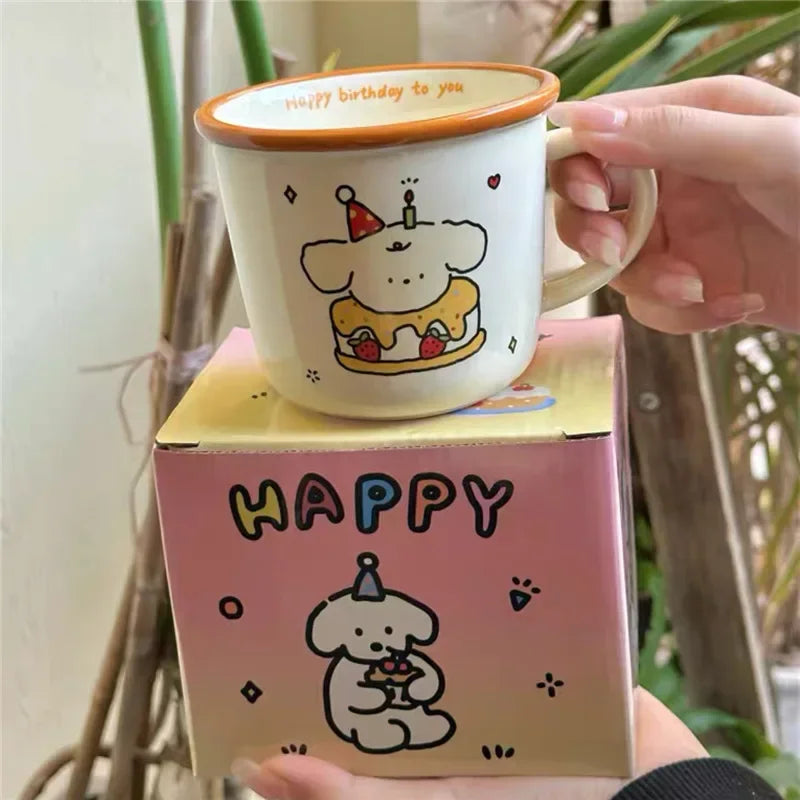 1Pcs Ins Cute Happy Bear Ceramic Mug Kawaii White Puppy Cartoon Coffee Mug Fashion Vintage Afternoon Tea Cup Pair Couple Gift