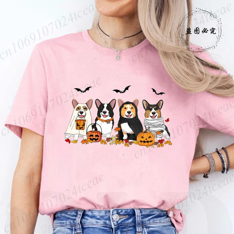 the COSTUME CANINES - Halloween Dog Fashion T-Shirt Tops, Women Harajuku Graphic Tees, Shirt Femme Corgi Dogs Halloween Women's T-Shirt
