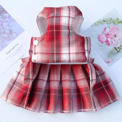 Reusable with Leash Traction Dog Plaid JK Dress Thin Dacron Pet Harness Skirt Washable Comfortable Dog Bow Skirt Puppy