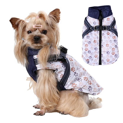 Winter Warm Pet Dog Coat For Small Medium Dogs Cat Jacket with Harness Puppy Foorprint Windproof Clothing French Bulldog Costume