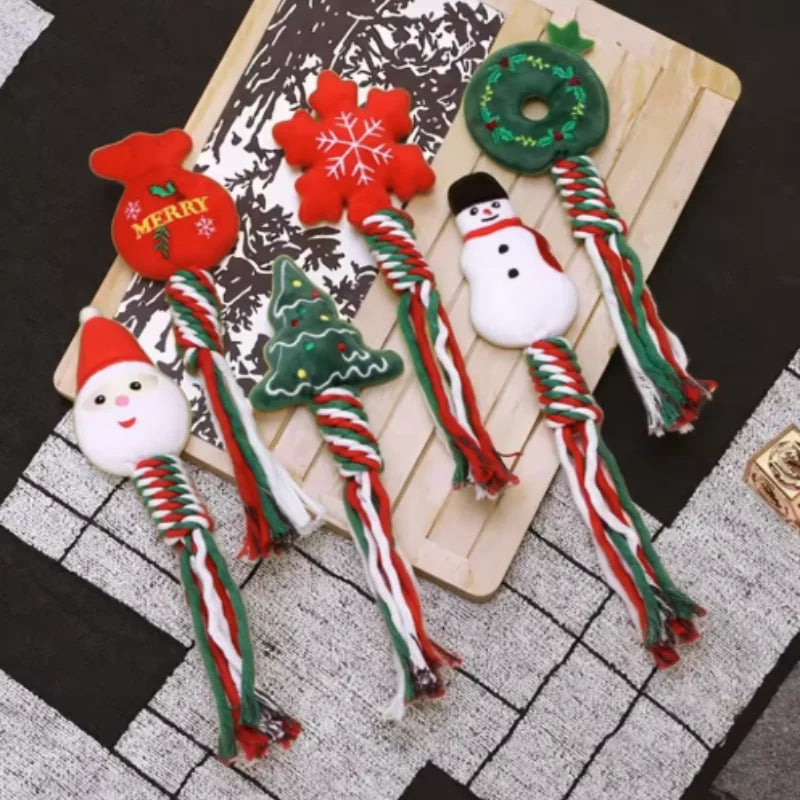Christmas Themed Interactive Chew Toy for Dogs And Cats - Cute Squeaky Cotton Rope Knot Molar Bite Toy Funny Puppy Xmas Gift
