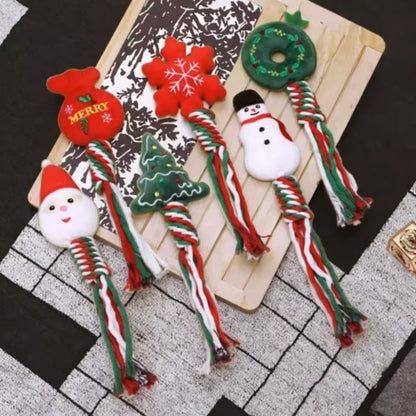 Christmas Themed Interactive Chew Toy for Dogs And Cats - Cute Squeaky Cotton Rope Knot Molar Bite Toy Funny Puppy Xmas Gift