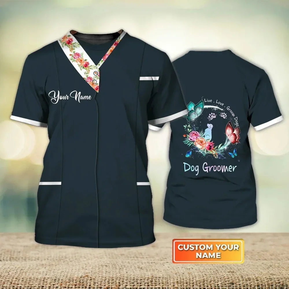 the GROOMER - Dog Grooming Graphic Printed Casual T-Shirts, Pet Groomer Customized Oversized Workwear, EU Size Unisex Pullover