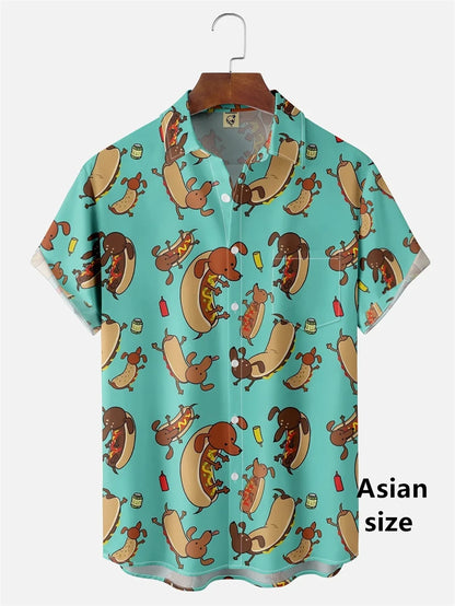 the HOT DOG DACHSHUND - Funny Cartoon Hot Dog Dachshund Graphic Shirts, Men/Women 3D Printed Casual Vacation Hawaiian Short Sleeve Shirts, Button Blouse