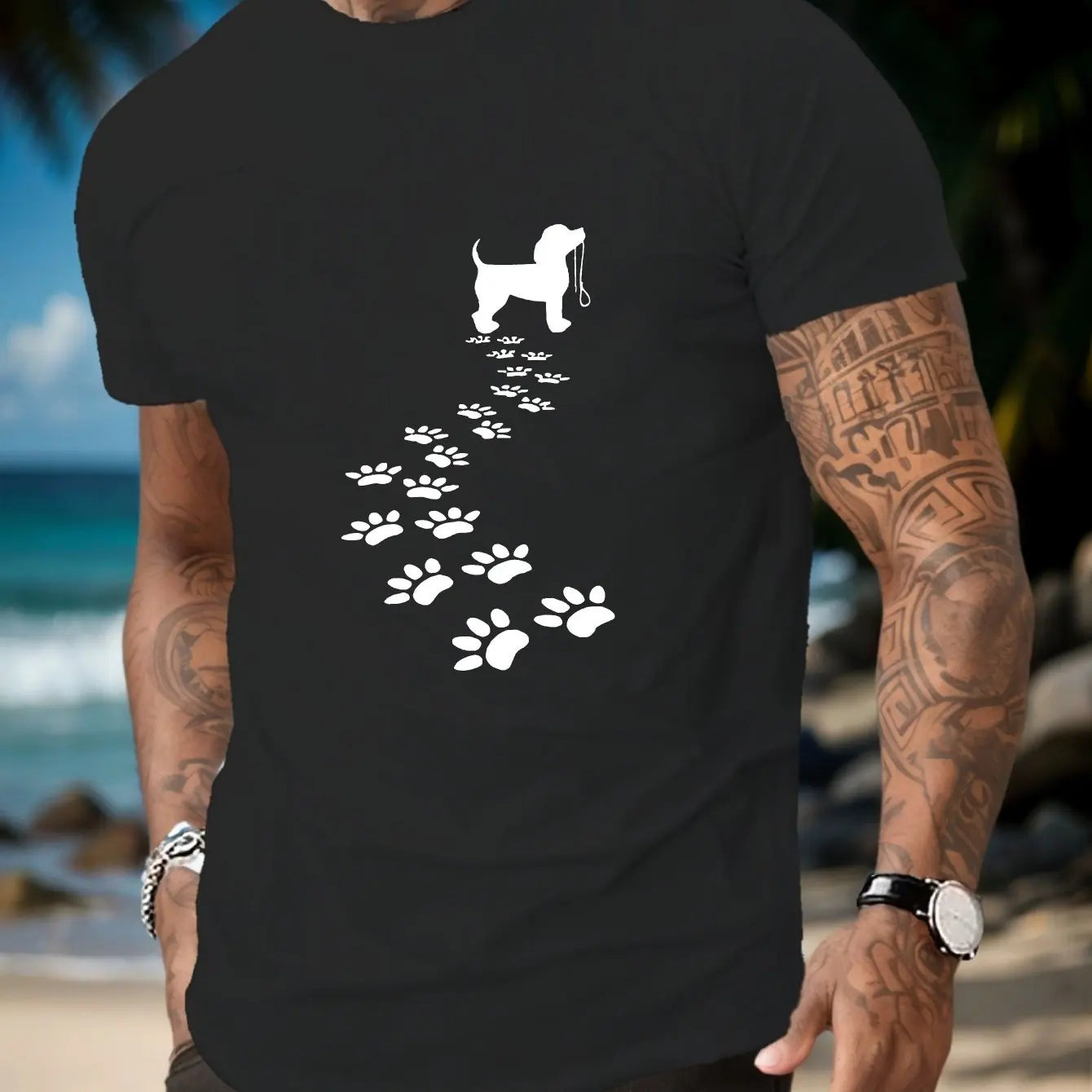 the WALK PLEASE -Men's Summer 100% Cotton Fashionable Casual Sports Loose Fit Dog Paw Print Round Neck Short Sleeved T-Shirt Top
