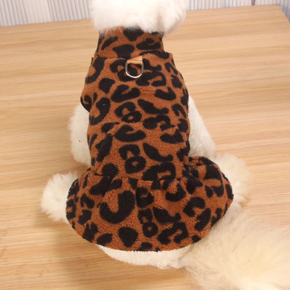 New Arrival Fleece Dog Dress Winter Leopard Print - Cute Princess Gown Outfit for Teddy Puppy Small Dogs Clothing