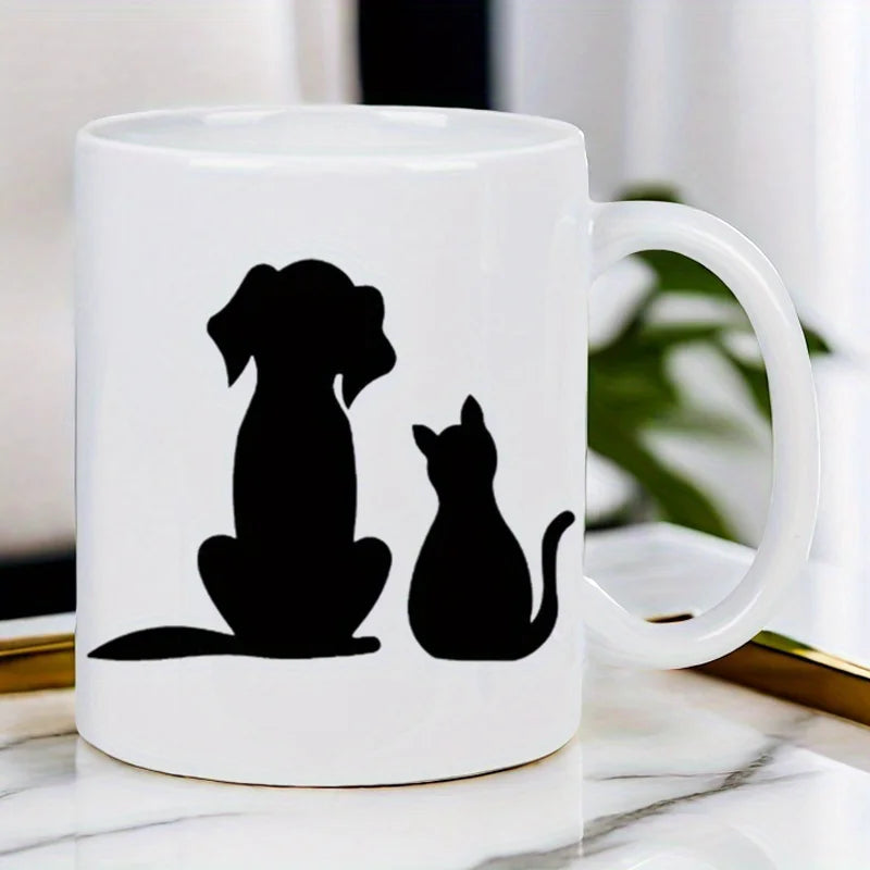 Cute Dog & Cat Silhouette Ceramic Mug - White Reusable Coffee Cup with Black Pet Design, Hand Wash Only, Perfect Gift for Pet Lo