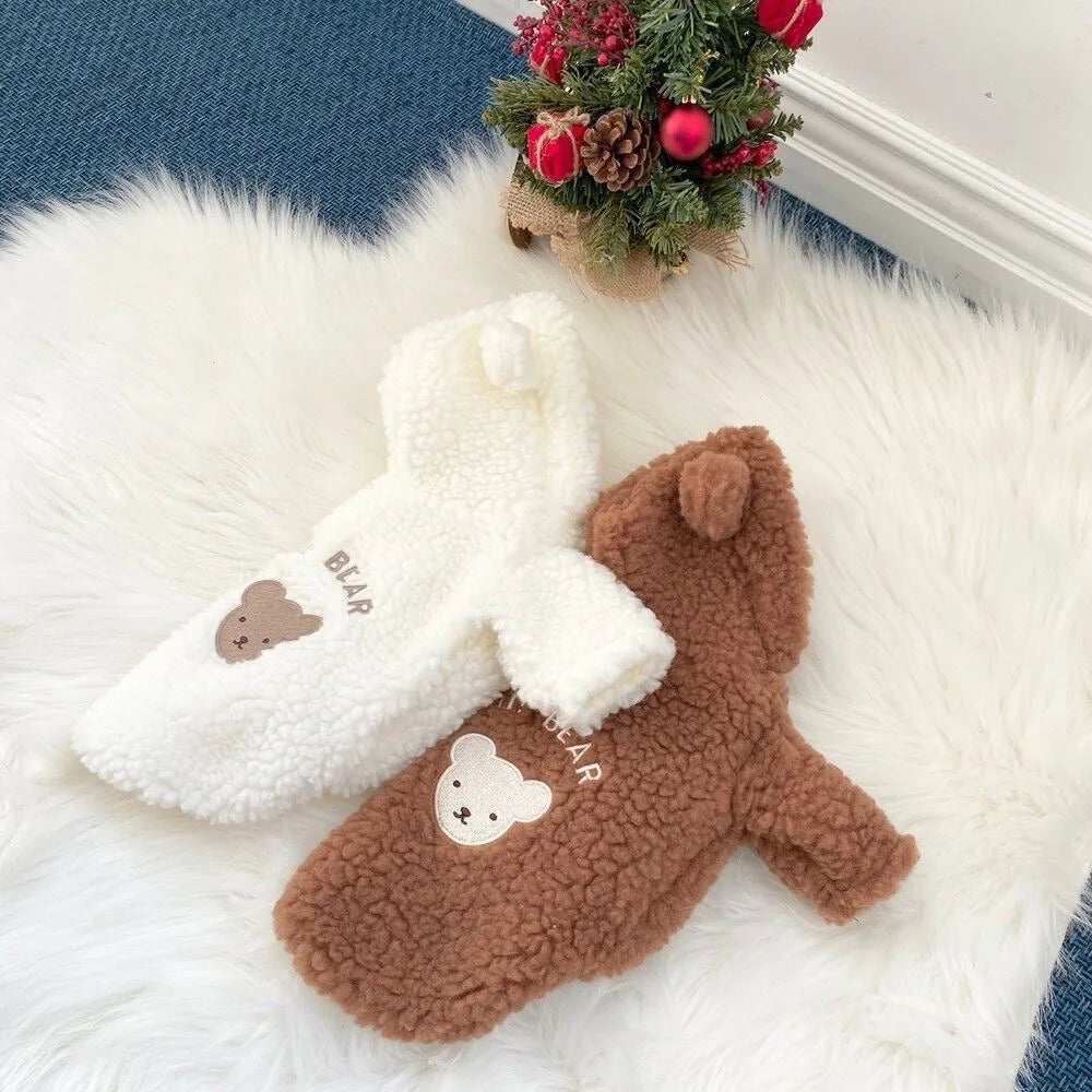 Cute Cartoon Bear Pattern Plush Dog Hoodie with Hat Zipper Cats Coat Jackets Warm Pet Clothes for Large Small Pet