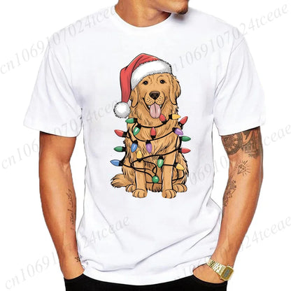 the GOLDEN CHRISTMAS - New Men's T-Shirts Christmas Golden Retriever Print T-Shirts, Round Neck Short Sleeve Casual T-Shirt, Happy New Year Dog Shirts
