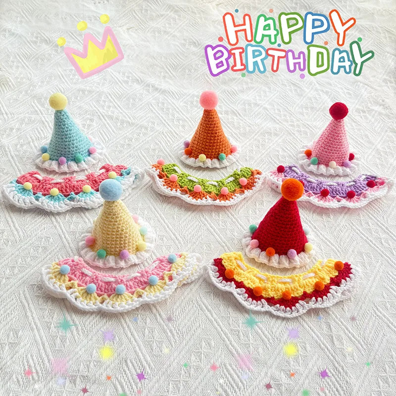 the CROCHET CANINE - Pet Dog/Cat Birthday Hat, Pet Party Dress Up, Photo Decoration, Dog Neck Cute Handmade Set, Dog Accessories for Small Dogs/Puppy