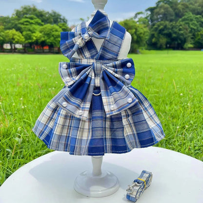 Pet Dog Cat JK Dresses Strap Bow Tie Harness Leash Dog Clothing Skirt Cat Pet Clothing Cosplay Christmas Checker Clothes