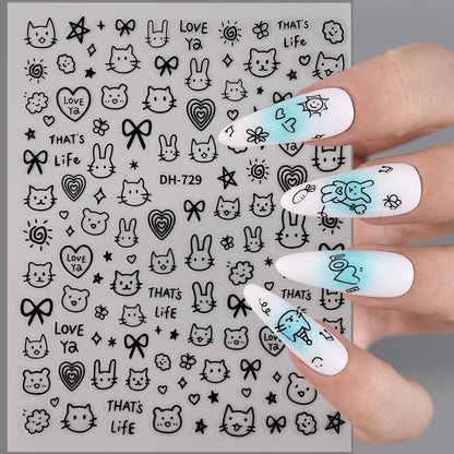 3D Flat Cute Cartoon Nail Stickers Doodle Cat Dog Heart Star Flower Nail Art Stickers Women DIY Manicure Decoration Decals