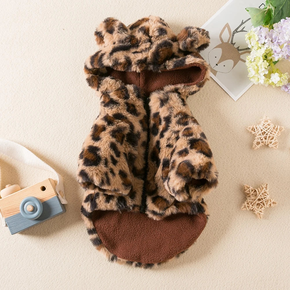 Pet Sweater Winter Leopard Print French Bulldog Soft Coat Small Dog Clothes Fur Hoodies Cute Dog Clothes