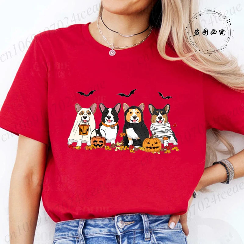 the COSTUME CANINES - Halloween Dog Fashion T-Shirt Tops, Women Harajuku Graphic Tees, Shirt Femme Corgi Dogs Halloween Women's T-Shirt