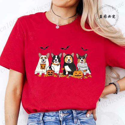 the COSTUME CANINES - Halloween Dog Fashion T-Shirt Tops, Women Harajuku Graphic Tees, Shirt Femme Corgi Dogs Halloween Women's T-Shirt