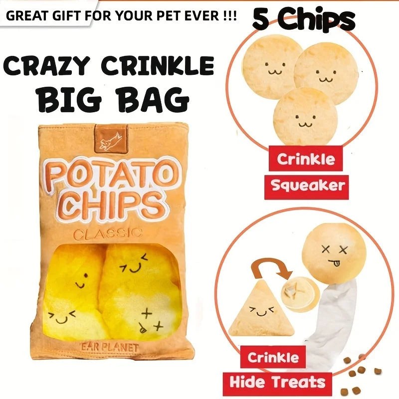 Plush potato chip bag dog toy - Medium sized interactive sniffing and chewing toy for dogs - Durable