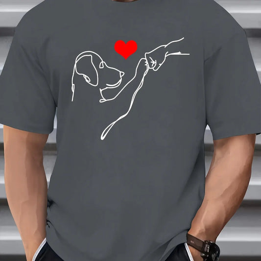 the LOVE PUNCH - Men's Summer 100% Cotton Fashionable Casual Loose Dog and Heart Pattern Printed Sports Round Neck Short Sleeve T-Shirt Top
