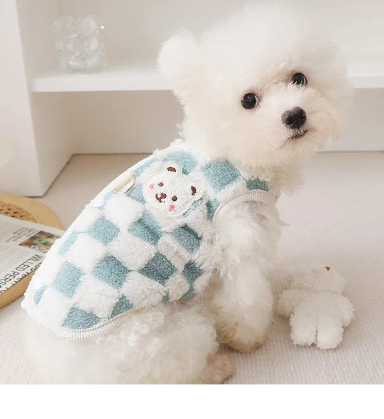 Winter Warm Pet Dog Coat Plaid Dog Clothes with D-ring Plush Pet Jacket for Small Medium Dogs Chihuahua Yorkie Costume